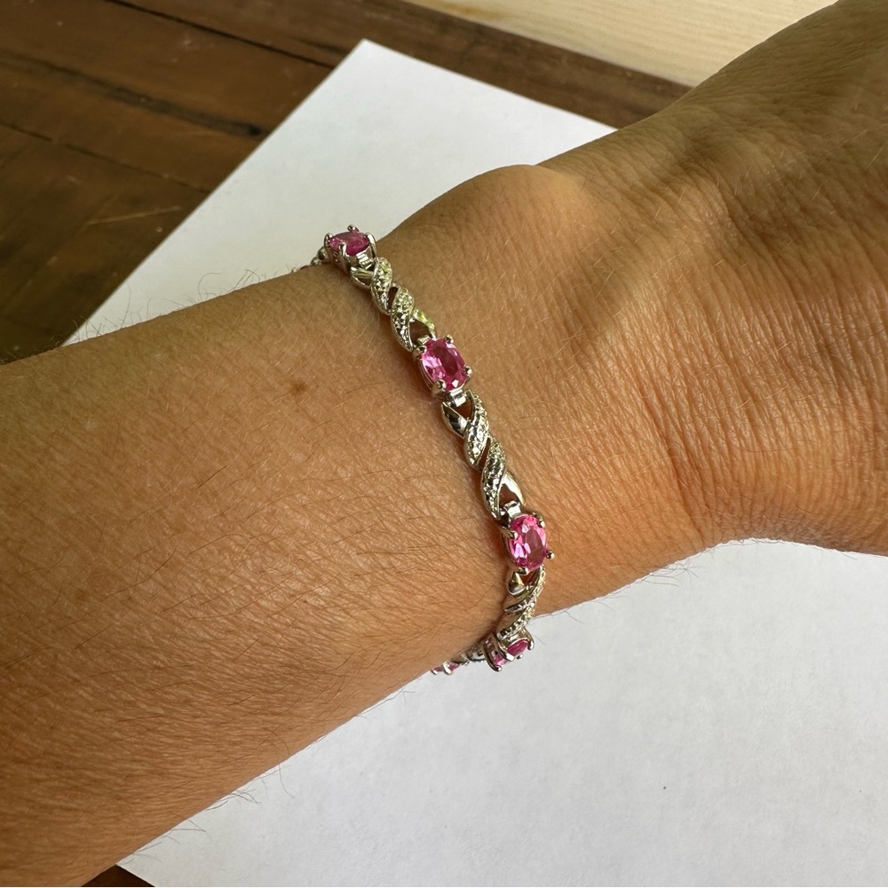 Sterling Silver 925 Hot Pink Topaz Gemstone Oval Tennis Bracelet 7.5” Length - Picture 5 of 12